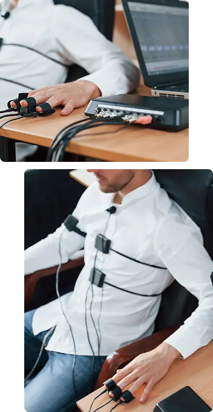 Polygraph test process showing sensors attached to client’s chest and fingers during examination